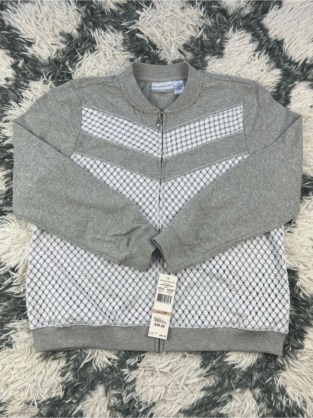 NWT Alfred Dunner Women’s Gray White Lace Full Zip Sweatshirt Size 12P